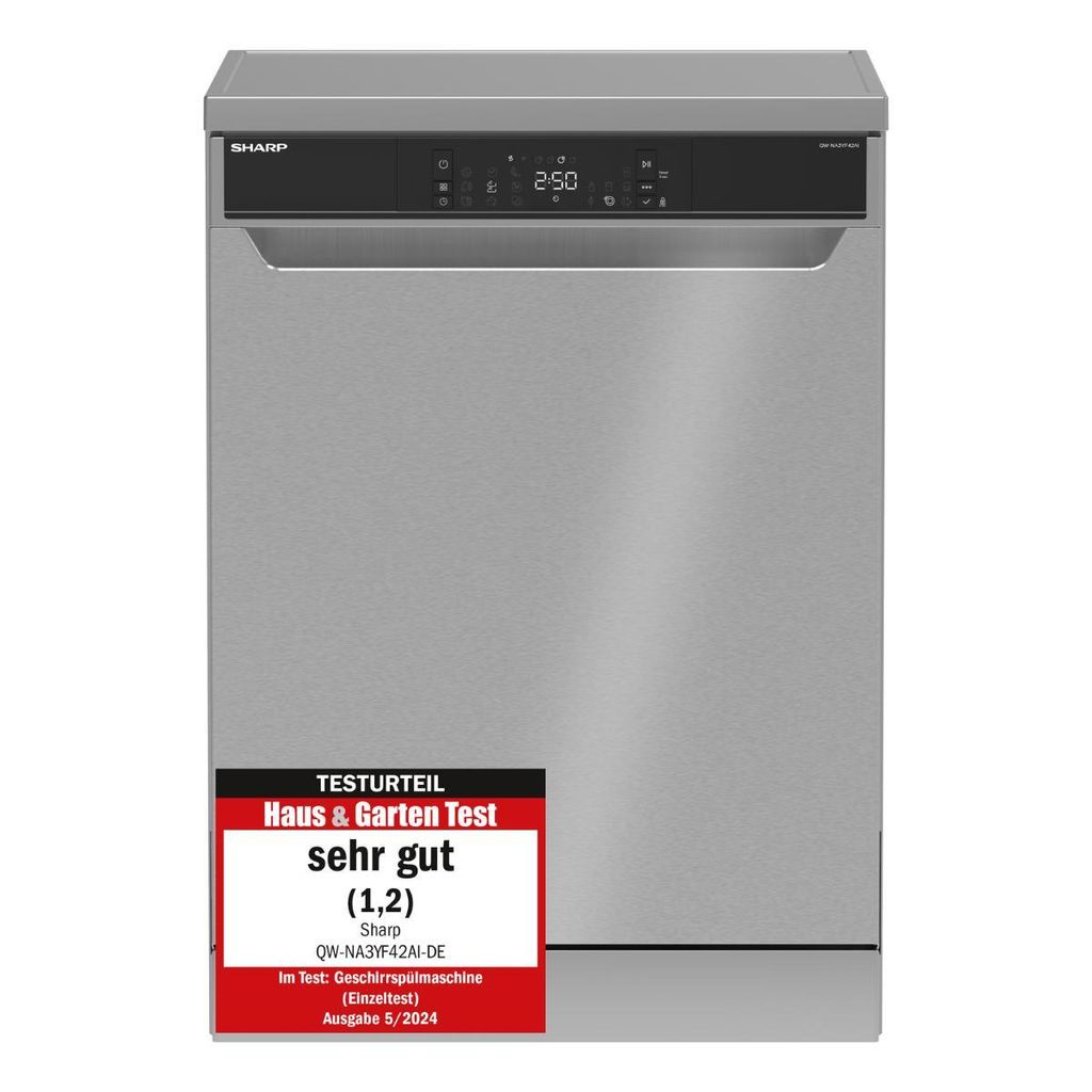 Sharp QW - NA3YF42AI - DE Freistehender Geschirrspüler mit Besteckschublade (60cm), (14 Gedecke, EEK A), (9 Programme, AquaStop), Edelstahl