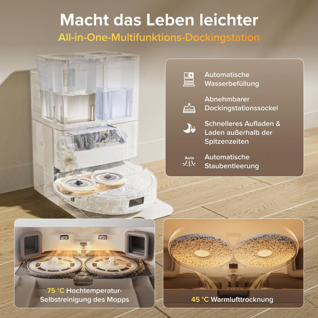 roborock Qrevo S Pro Set Staubsauger Roboter mit Wischfunktion, 18.500Pa(Upgrade von QV 35A), Anti - Tangle System, 75 °C Heißwasser - Moppwäsche, Weiß