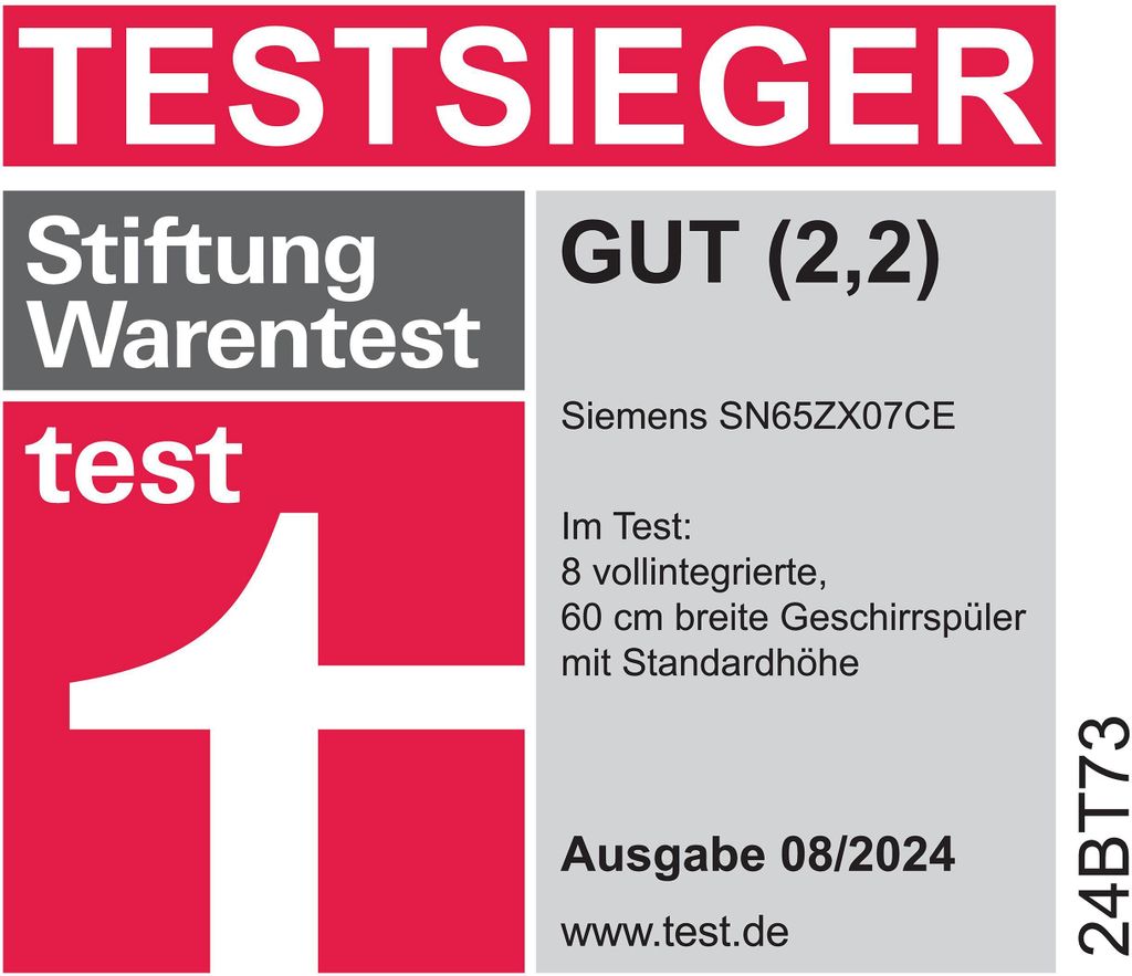 Siemens iQ500 SN65ZX07CE, Voll integriert, Standardgröße (60 cm), Schwarz, Berührung, 1,75 m, 1,65 m
