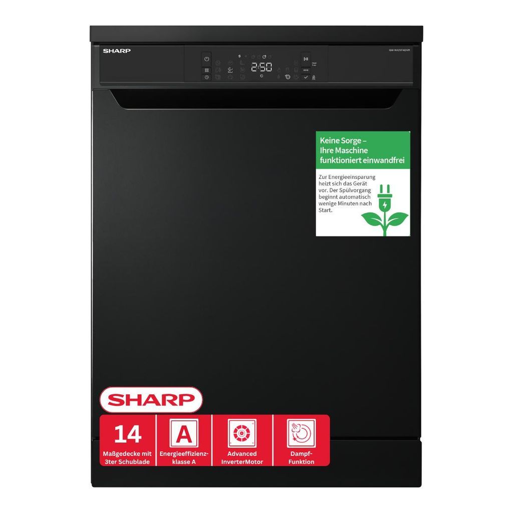 Sharp QW - NA3YF42AM - DE Freistehender Geschirrspüler mit Besteckschublade (60cm), (14 Gedecke, EEK A), (9 Programme, AquaStop), Mattschwarz