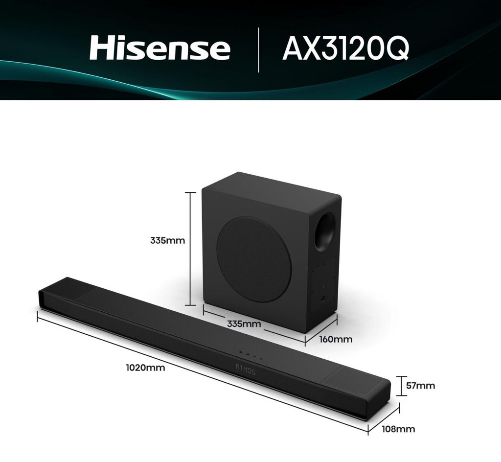 Hisense 3.1.2 CH Soundbar, 440 W, 3.1.2 Kanäle, 440 W, DTS:X, Dolby Atmos, 240 W, 20000 Hz, Kabellos