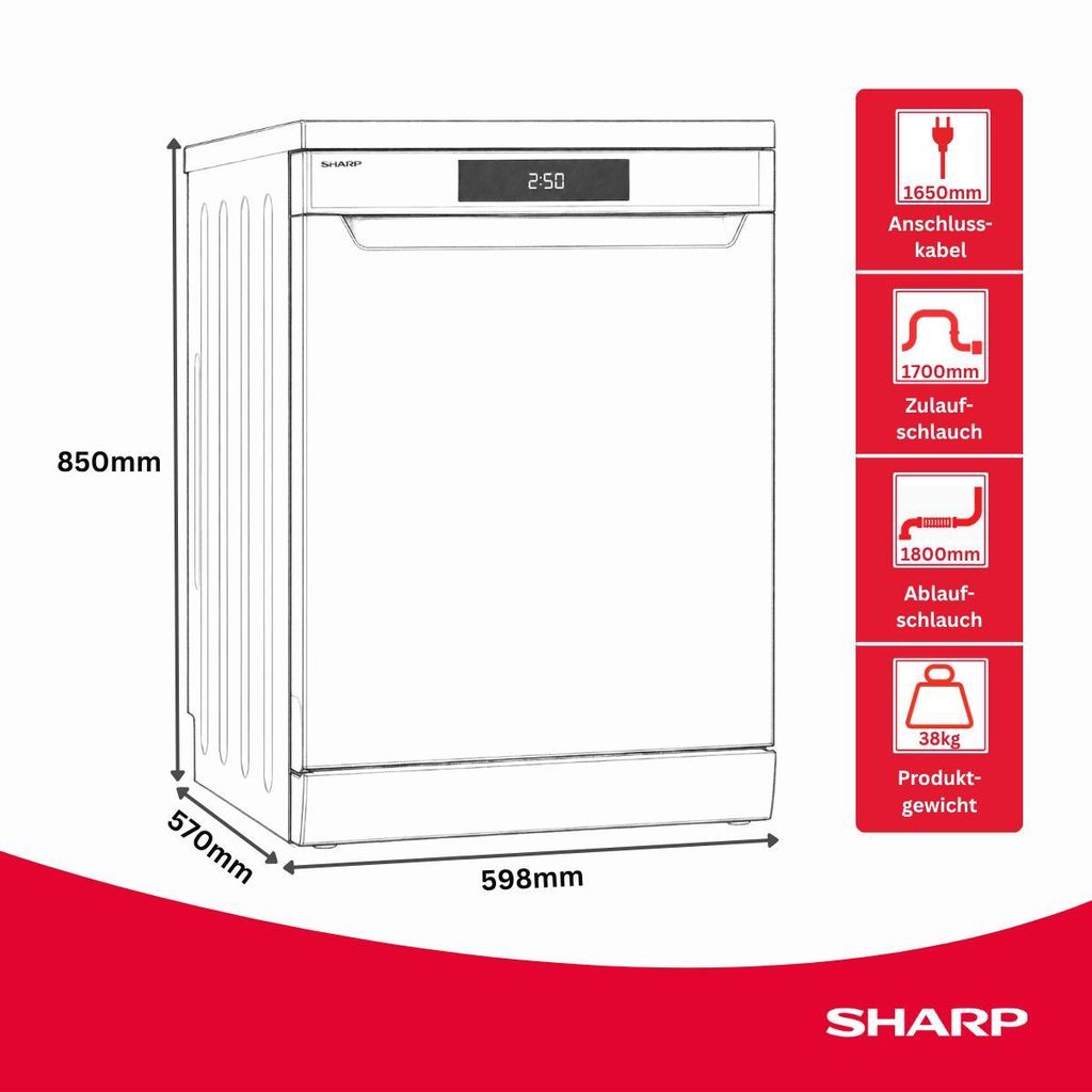 Sharp QW - NA3YU42AM - DE unterbaufähiger Geschirrspüler mit Besteckschublade (60cm), (14 Gedecke, EEK A), (9 Programme, AquaStop), Mattschwarz