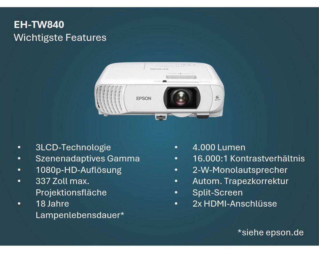Epson EH - TW840, 4000 ANSI Lumen, 3LCD, 1080p (1920x1080), 16000:1, 16:9, 863,6 - 8559,8 mm (34 - 337")