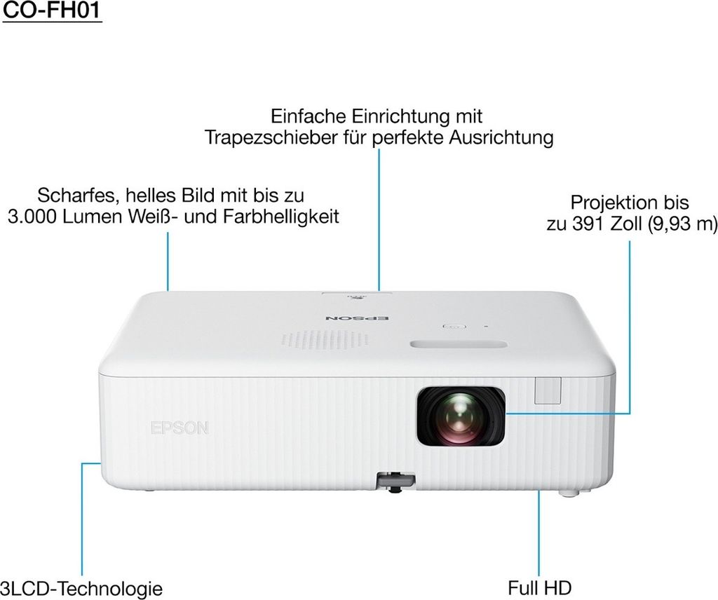 Epson CO - FH01, 3000 ANSI Lumen, 3LCD, 1080p (1920x1080), 16:9, 660,4 - 9931,4 mm (26 - 391"), 0,9 - 10,4 m