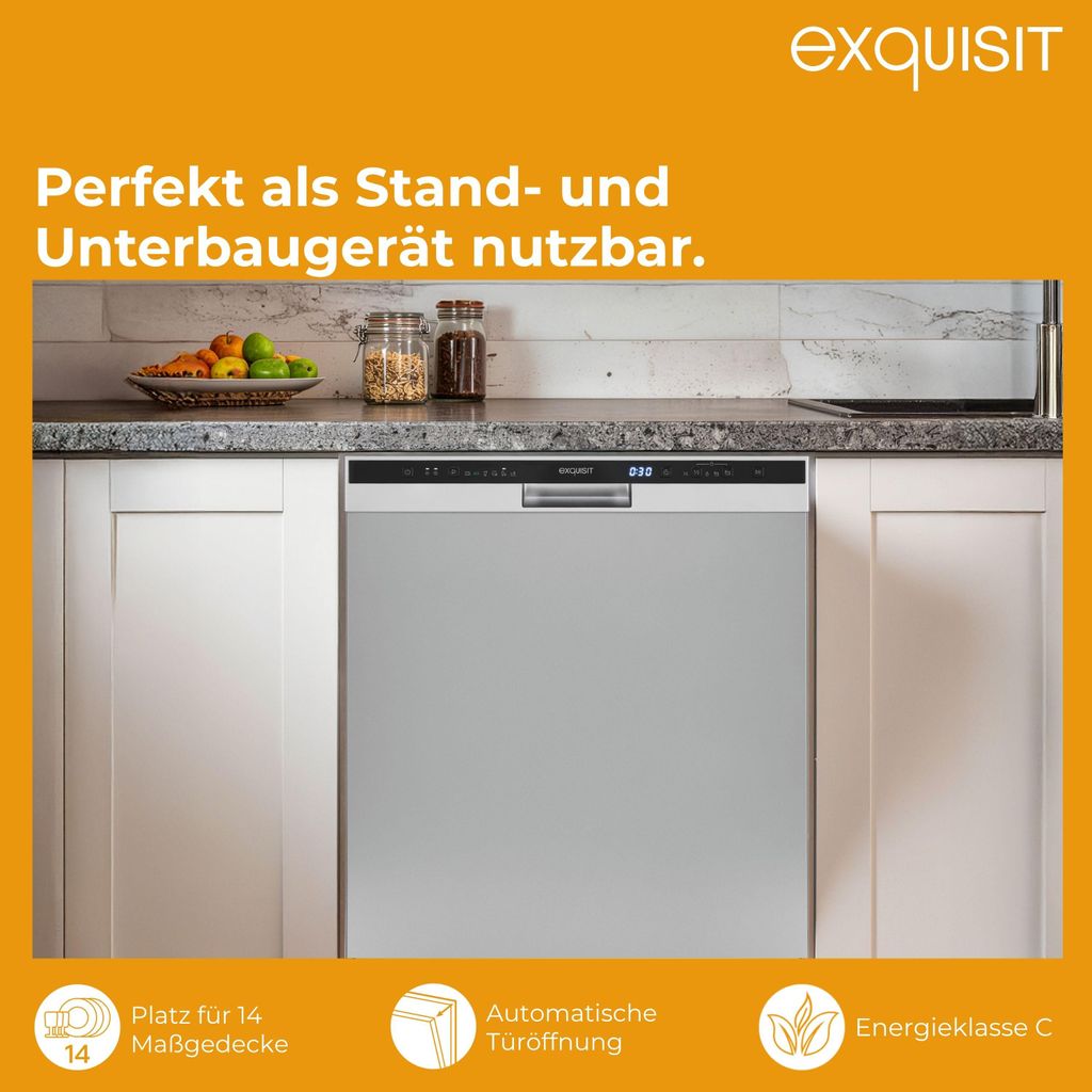 Exquisit PRO Geschirrspüler 60 cm, Unterbaufähig, EEK: C, 14 Maßgedecke, Automatische Türöffnung, Startzeitvorwahl, 11 Liter, GSP56314 - 030C silber