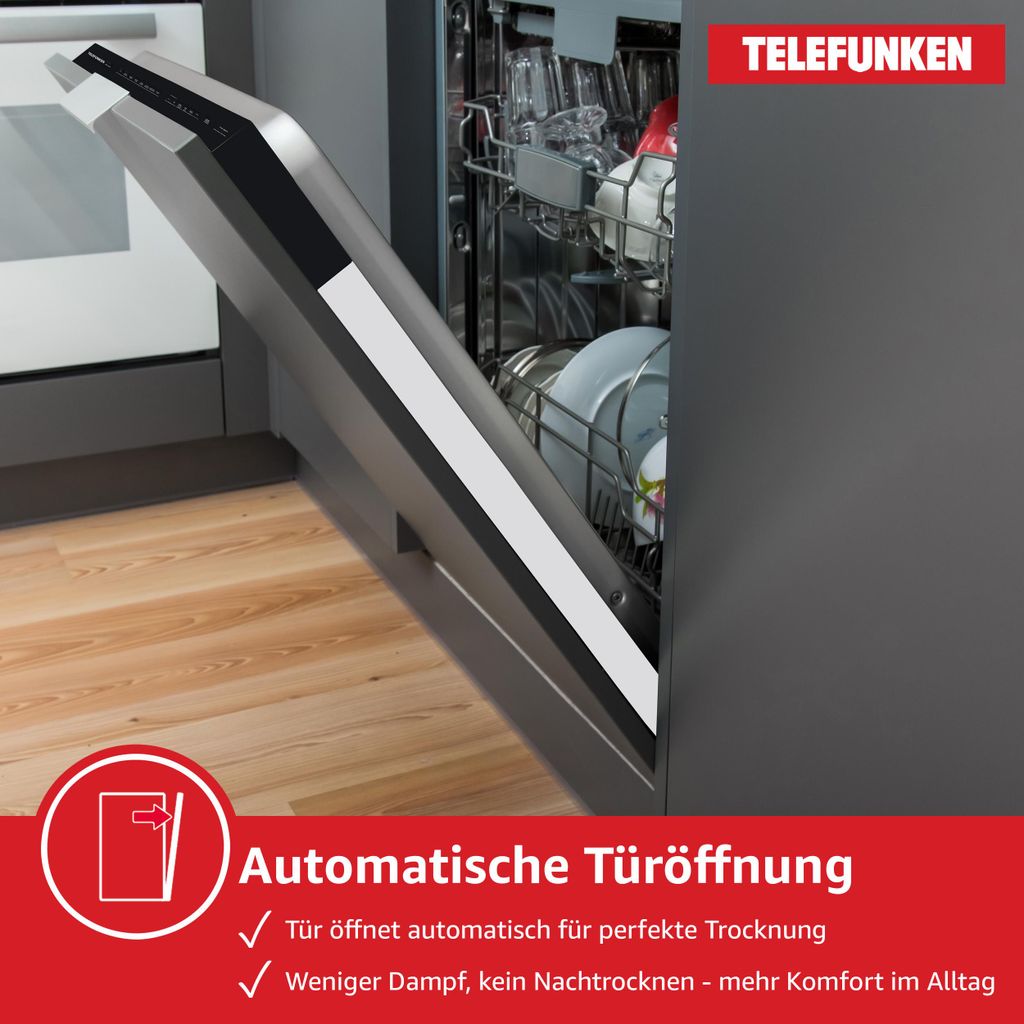 TELEFUNKEN Geschirrspüler vollintegrierbar 60 cm, Einbau Spülmaschine, 12 Maßgedecke, 6 Programme, AquaStop, GEV6012D