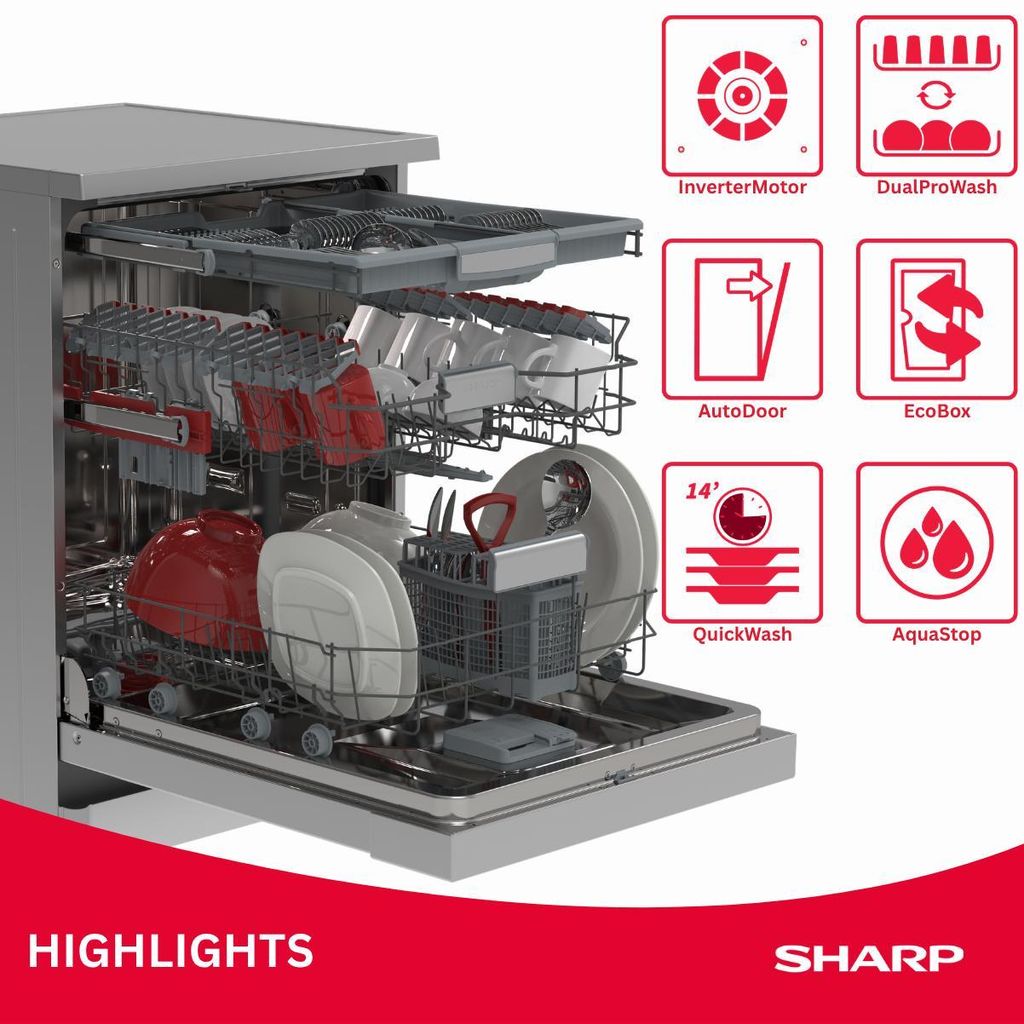 Sharp QW - NA3YF42AI - DE Freistehender Geschirrspüler mit Besteckschublade (60cm), (14 Gedecke, EEK A), (9 Programme, AquaStop), Edelstahl