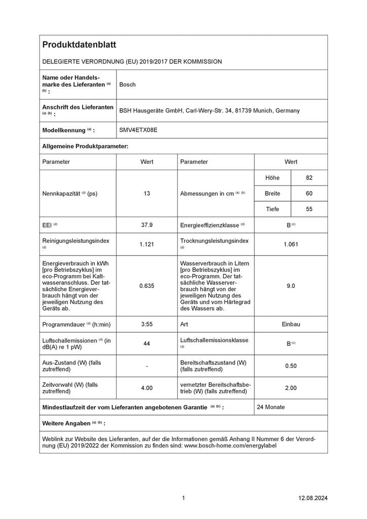 Bosch SMV4ETX08E, Voll integriert, Standardgröße (60 cm), Weiß, 1,75 m, 1,65 m, 1,9 m