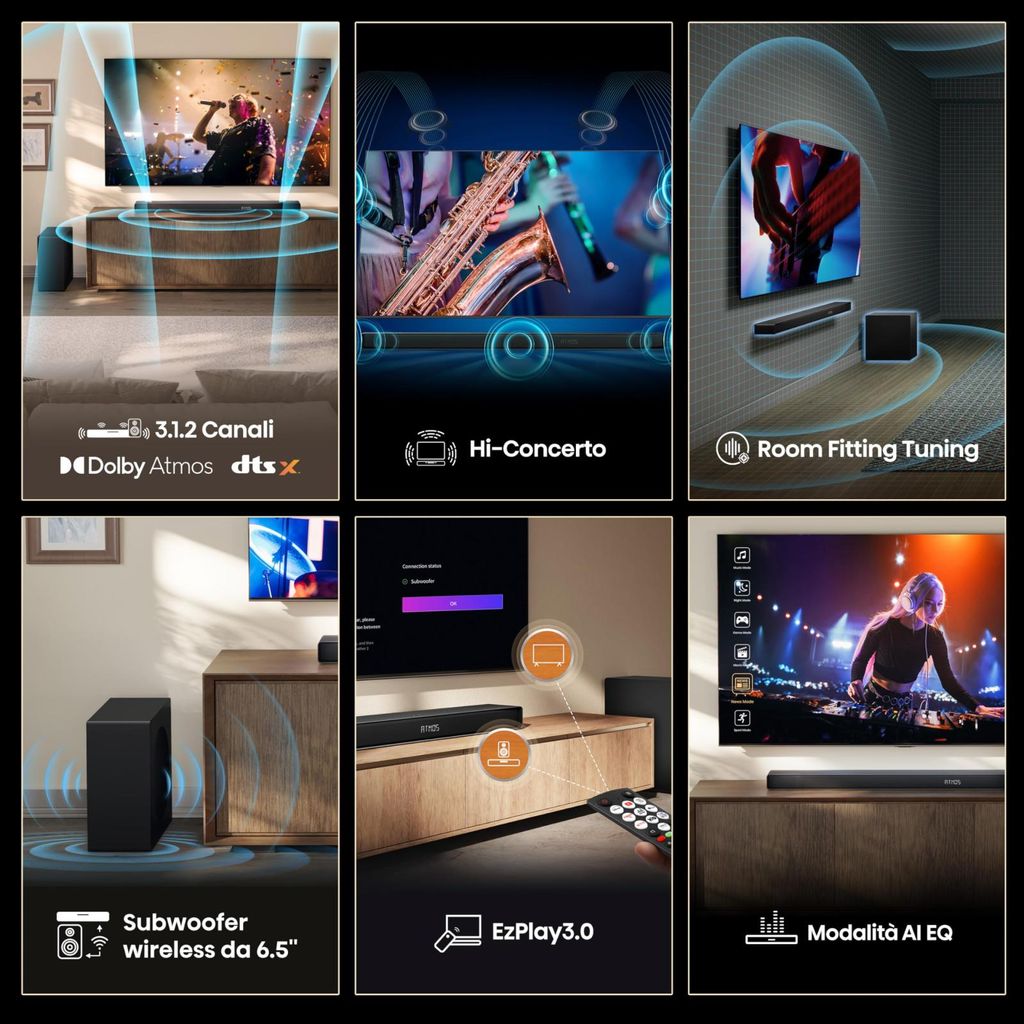 Hisense 3.1.2 CH Soundbar, 440 W, 3.1.2 Kanäle, 440 W, DTS:X, Dolby Atmos, 240 W, 20000 Hz, Kabellos
