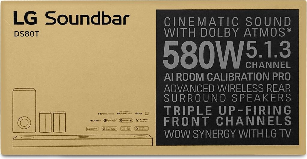 LG DS80TR, 5.1.3 Kanäle, 580 W, DTS Digital Surround, DTS:X, Dolby Atmos, Dolby Digital, AI Sound Pro, Bass Blast, Bass Blast+, Musik, Sport, 96 kHz, 220 W