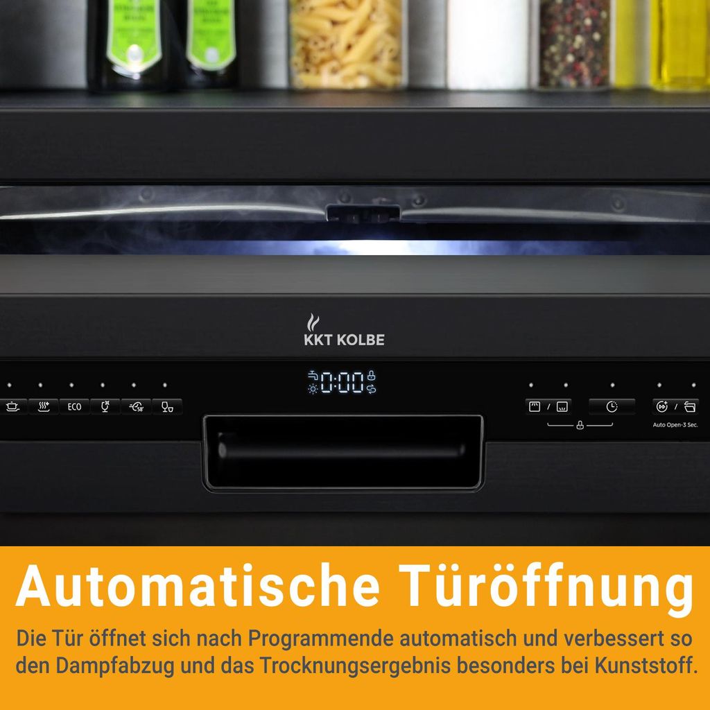 KKT KOLBE Küchentechnik KKT KOLBE 60 cm Geschirrspüler Spülmaschine Schwarz Silber Freistehend, Unterbaufähig, Besteckschublade, LED - Beleuchtung, Automatische Türöffnung, höhenverstellbar, 7 Programme, 14 Maßgedecke, DW60FSS