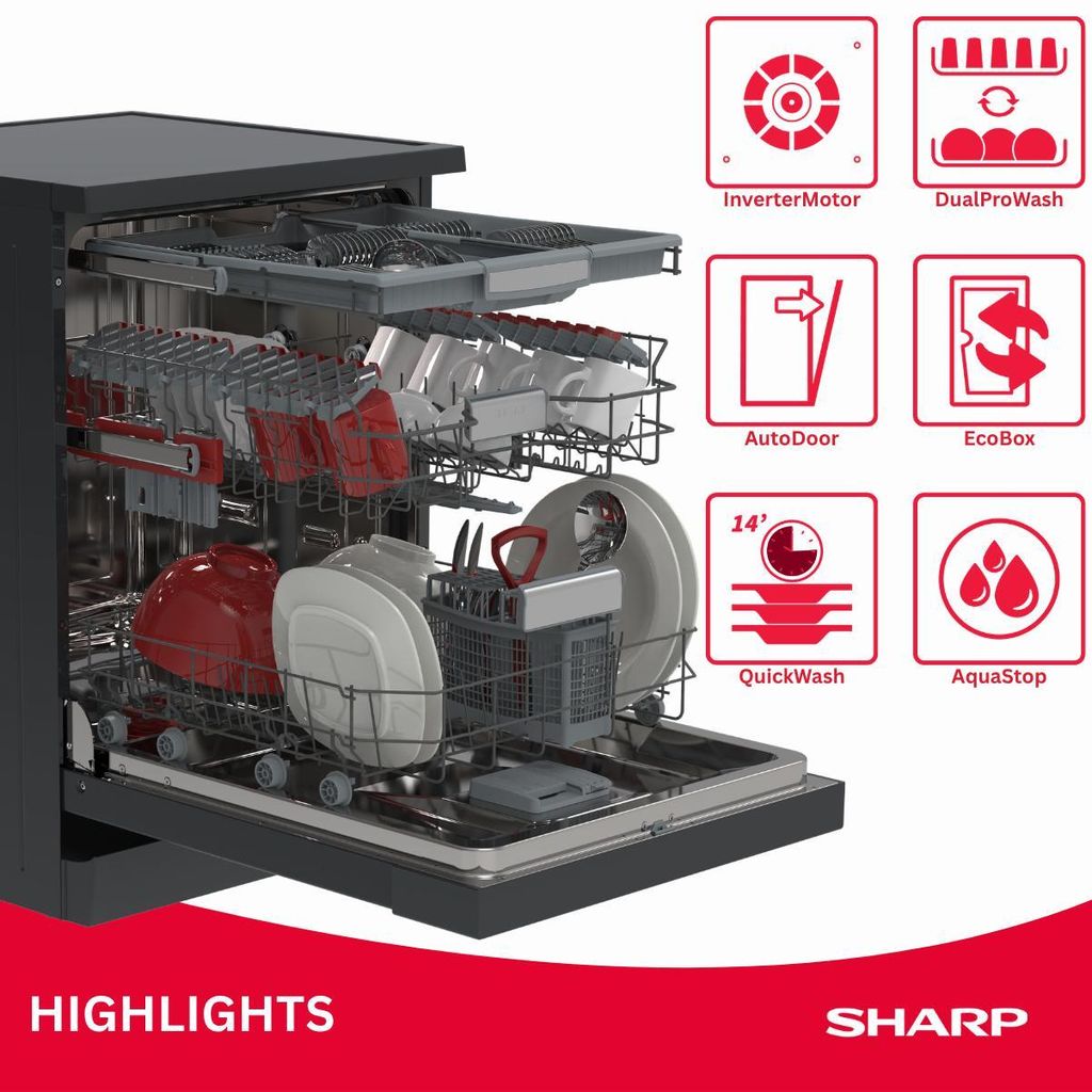 Sharp QW - NA3YF42AM - DE Freistehender Geschirrspüler mit Besteckschublade (60cm), (14 Gedecke, EEK A), (9 Programme, AquaStop), Mattschwarz