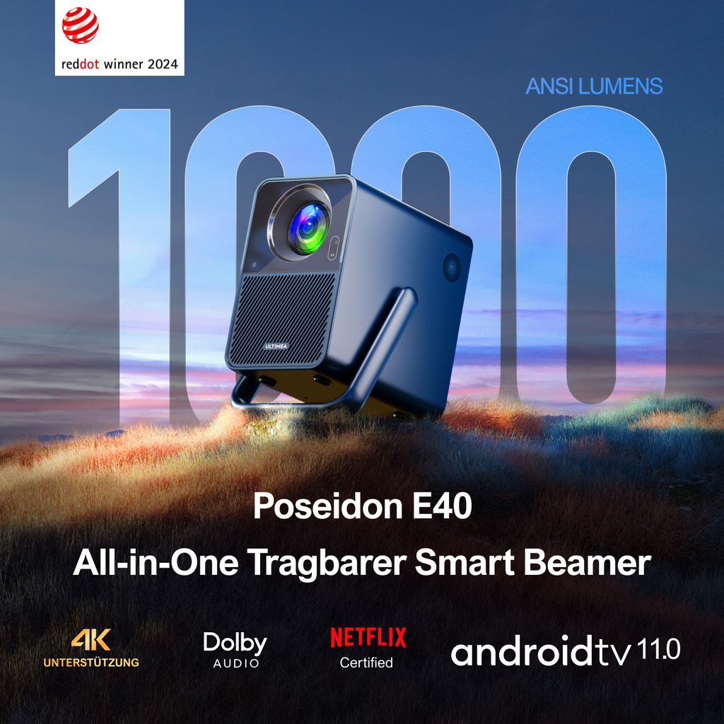 Ultimea Beamer Android TV 11.0 mit NETFLIX, 4K Heimkino Beamer Unterstützung 1000 ANSI - Lumen, Dolby Audio, Tragegriffdesign, Poseidon E40 Smart Serie