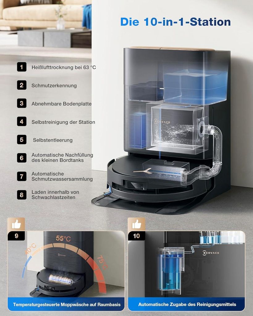 Ecovacs DEEBOT X9 Pro Omni Schwarz Saugroboter mit Wischfunktion, Staubsauger Roboter mit 16.600 Pa, All - in - One Omni Station