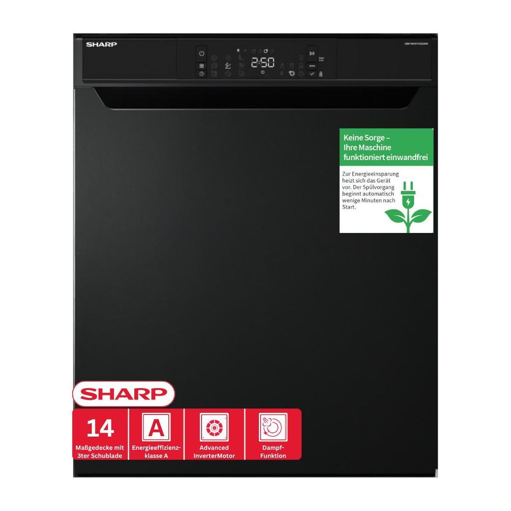 Sharp QW - NA3YU42AM - DE unterbaufähiger Geschirrspüler mit Besteckschublade (60cm), (14 Gedecke, EEK A), (9 Programme, AquaStop), Mattschwarz