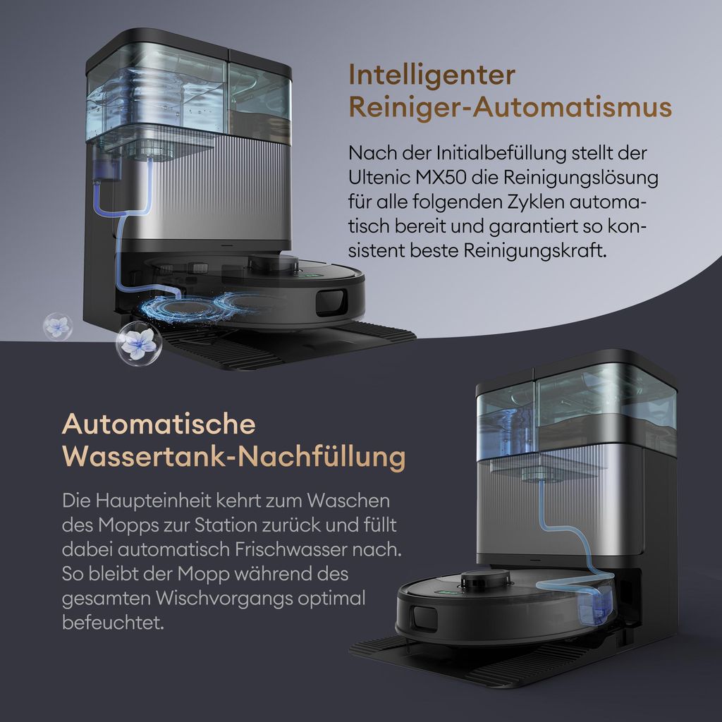 Ultenic Nass - Trocken - Saugroboter 25000Pa Saugkraft,Staubsauger Roboter mit Absaugstation 3L, 9 - in - 1 Automatikstation, Dual - Airflow - Heißlufttrocknung