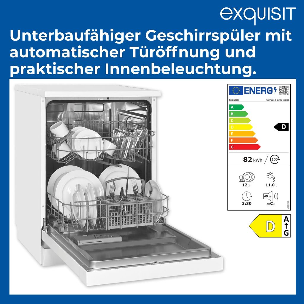 Exquisit Geschirrspüler, 12 Maßgedecke, Stand - /Unterbaugerät, 6 Programme, LED - Anzeige, Auto Door Open, GSP6312 - 030D weiss