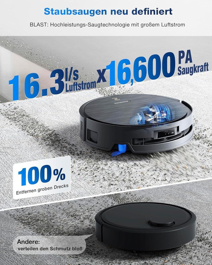 Ecovacs DEEBOT X9 Pro Omni Schwarz Saugroboter mit Wischfunktion, Staubsauger Roboter mit 16.600 Pa, All - in - One Omni Station