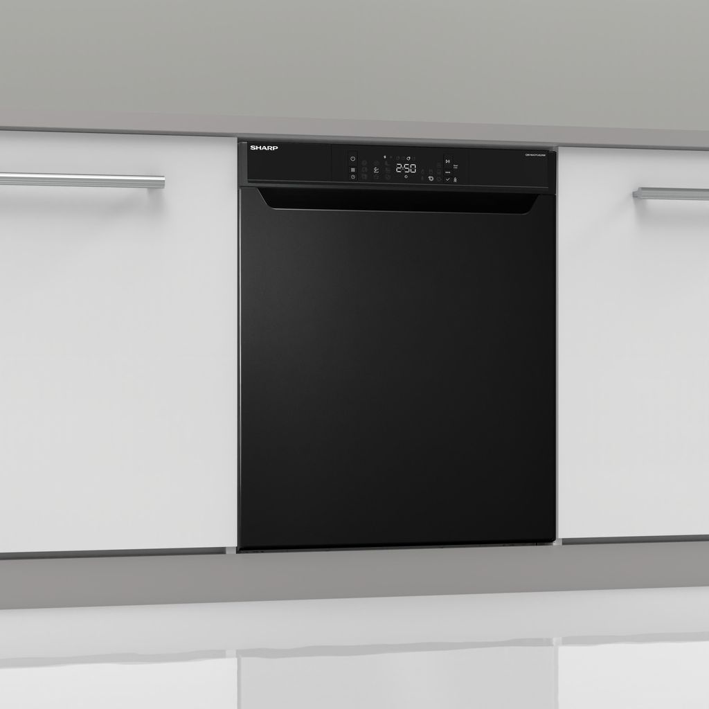 Sharp QW - NA3YU42AM - DE unterbaufähiger Geschirrspüler mit Besteckschublade (60cm), (14 Gedecke, EEK A), (9 Programme, AquaStop), Mattschwarz