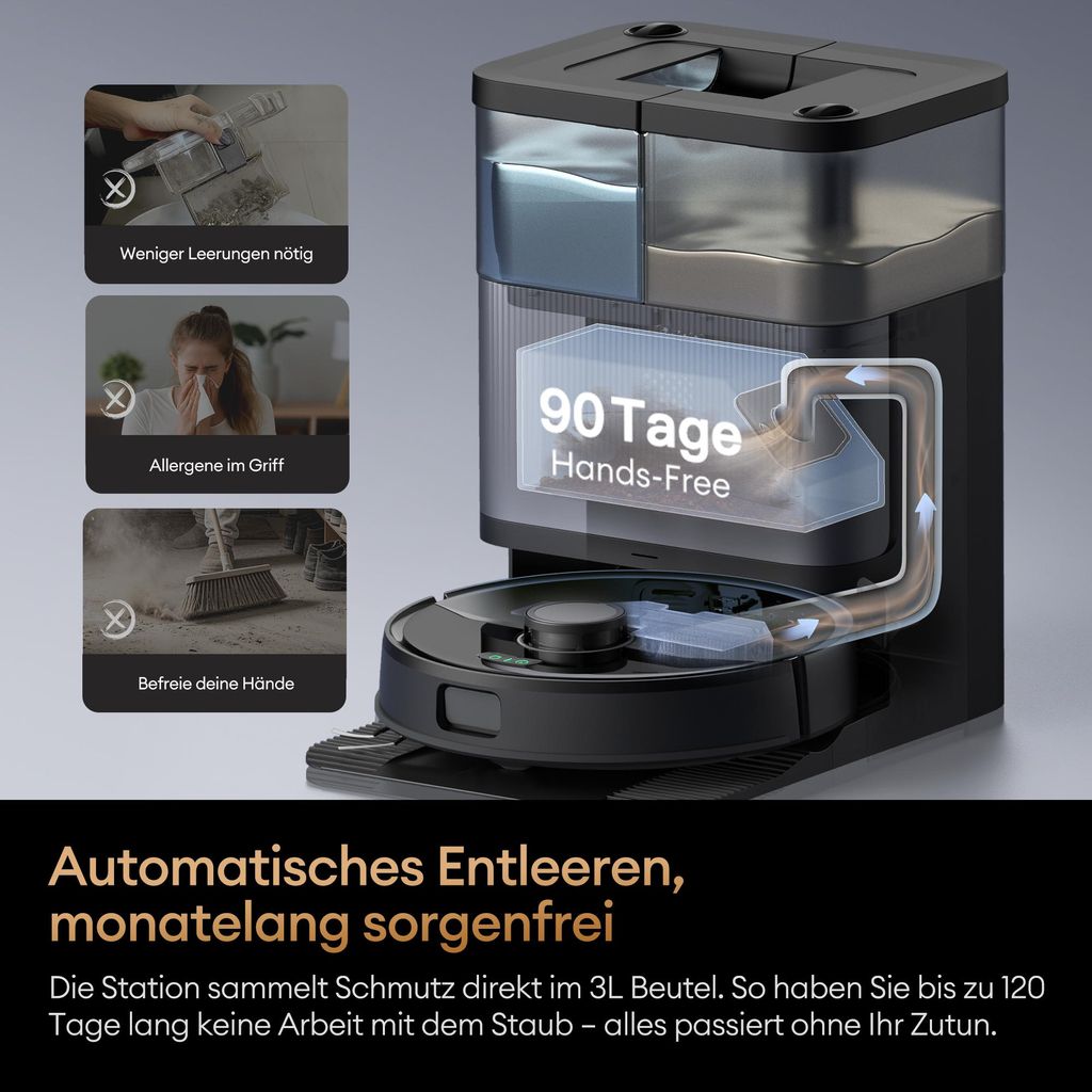 Ultenic Nass - Trocken - Saugroboter 25000Pa Saugkraft,Staubsauger Roboter mit Absaugstation 3L, 9 - in - 1 Automatikstation, Dual - Airflow - Heißlufttrocknung