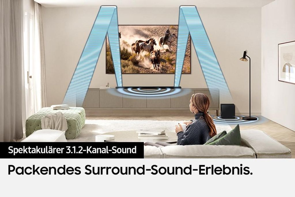 Samsung Ultra Slim Soundbar HW - S810GD 3.1.2 - Kanal & Subwoofer (2024), 3.1.2 Kanäle, 330 W, DTS Virtual:X, Dolby Atmos, Dolby Digital 5.1, Dolby Digital Plus, Dolby TrueHD, Adaptiv, Game Pro, Nacht, Standard, Kabellos, 200 W