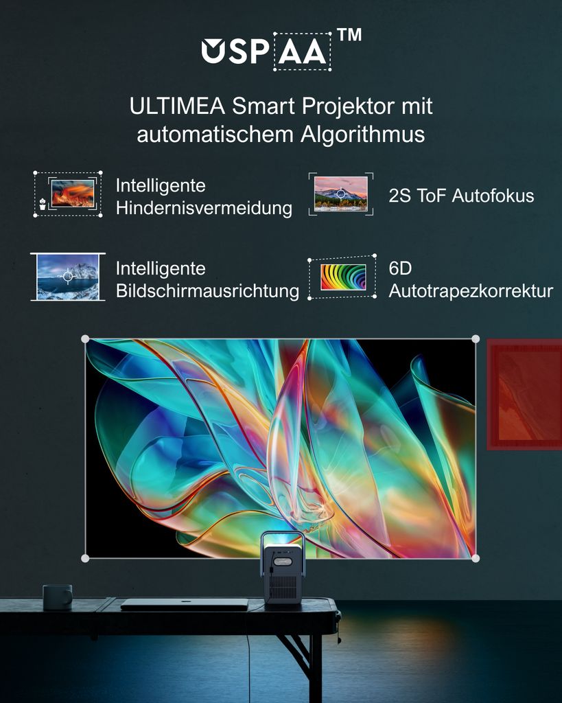 Ultimea Beamer Android TV 11.0 mit NETFLIX, 4K Heimkino Beamer Unterstützung 1000 ANSI - Lumen, Dolby Audio, Tragegriffdesign, Poseidon E40 Smart Serie