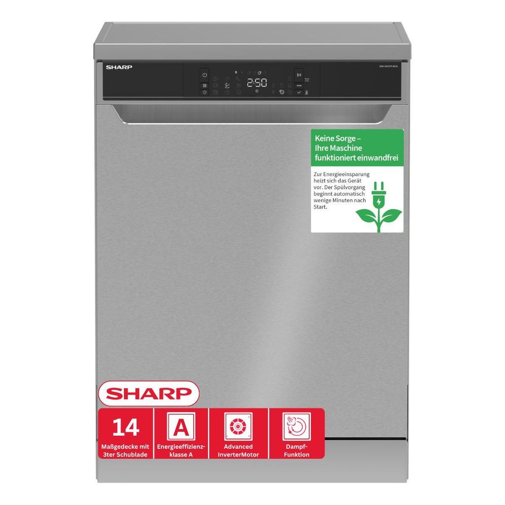 Sharp QW - NA3YF42AI - DE Freistehender Geschirrspüler mit Besteckschublade (60cm), (14 Gedecke, EEK A), (9 Programme, AquaStop), Edelstahl