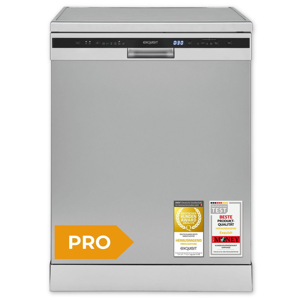 Exquisit PRO Geschirrspüler 60 cm, Unterbaufähig, EEK: C, 14 Maßgedecke, Automatische Türöffnung, Startzeitvorwahl, 11 Liter, GSP56314 - 030C silber