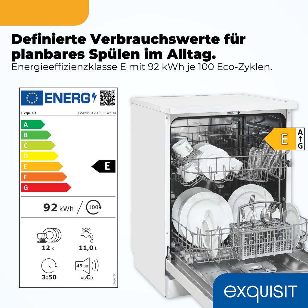 Exquisit PLUS Geschirrspüler 60 cm, 12 Maßgedecke, Unterbaufähig, Startzeitvorwahl, 11 Liter, GSP56312 - 030E weiss