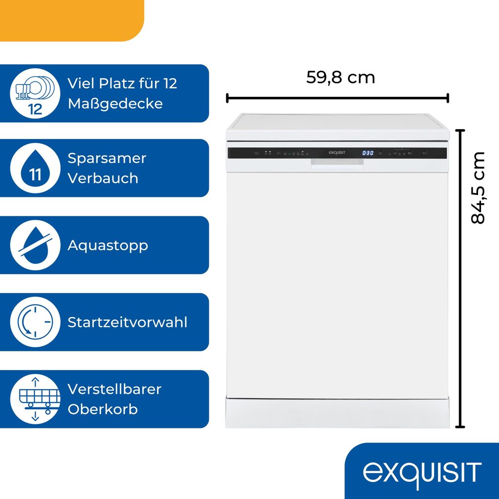 Exquisit Geschirrspüler 60 cm, Unterbaufähig, 12 Maßgedecke, 11 Liter, Startzeitvorwahl, LED - Display, GSP6312 - 030E weiss