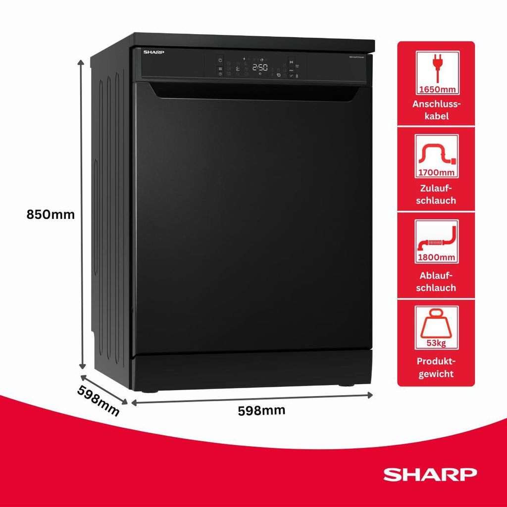 Sharp QW - NA3YF42AM - DE Freistehender Geschirrspüler mit Besteckschublade (60cm), (14 Gedecke, EEK A), (9 Programme, AquaStop), Mattschwarz