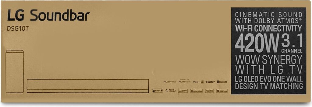 LG DSG10TY, 3.1 Kanäle, 420 W, DTS Digital Surround, DTS:X, Dolby Atmos, Dolby Digital, AI Sound Pro, Bass Blast, Bass Blast+, Spiel, Musik, Sport, Standard, Voice, 96 kHz, Schwarz