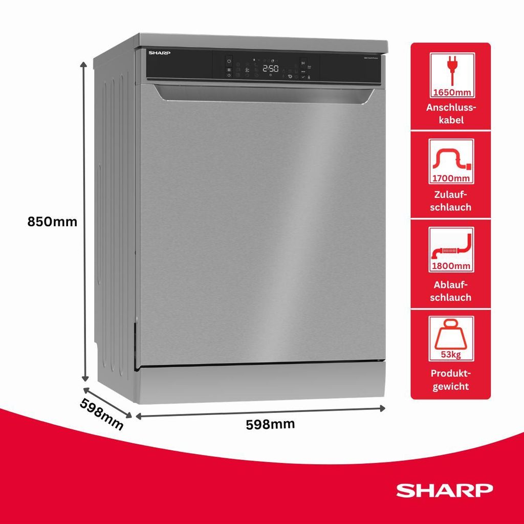 Sharp QW - NA3YF42AI - DE Freistehender Geschirrspüler mit Besteckschublade (60cm), (14 Gedecke, EEK A), (9 Programme, AquaStop), Edelstahl