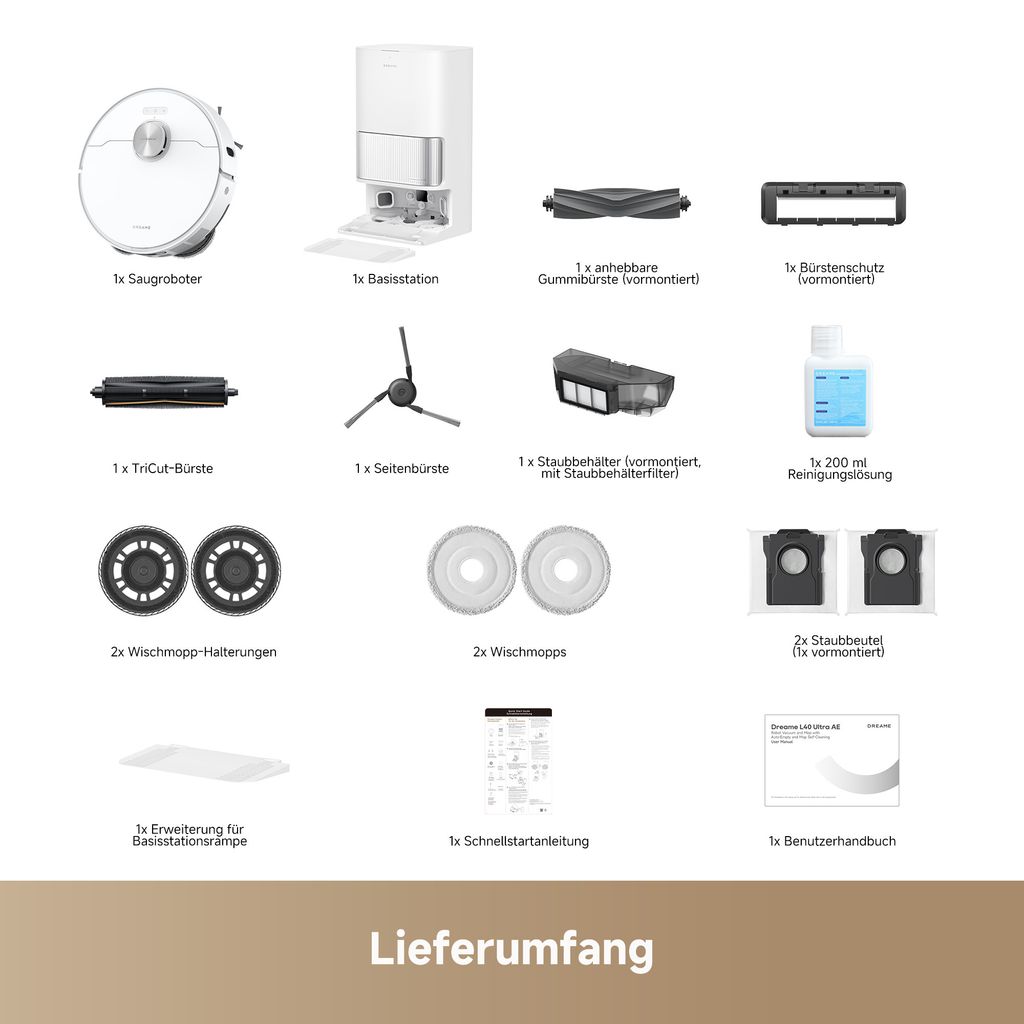 Dreame L40 Ultra AE Roboterstaubsauger mit Wischfunktion 2in1, 19000 Pa Saugleistung, 75 °C Selbstreinigung, Anti - Tangle, Dual - Line - Laser, Weiß