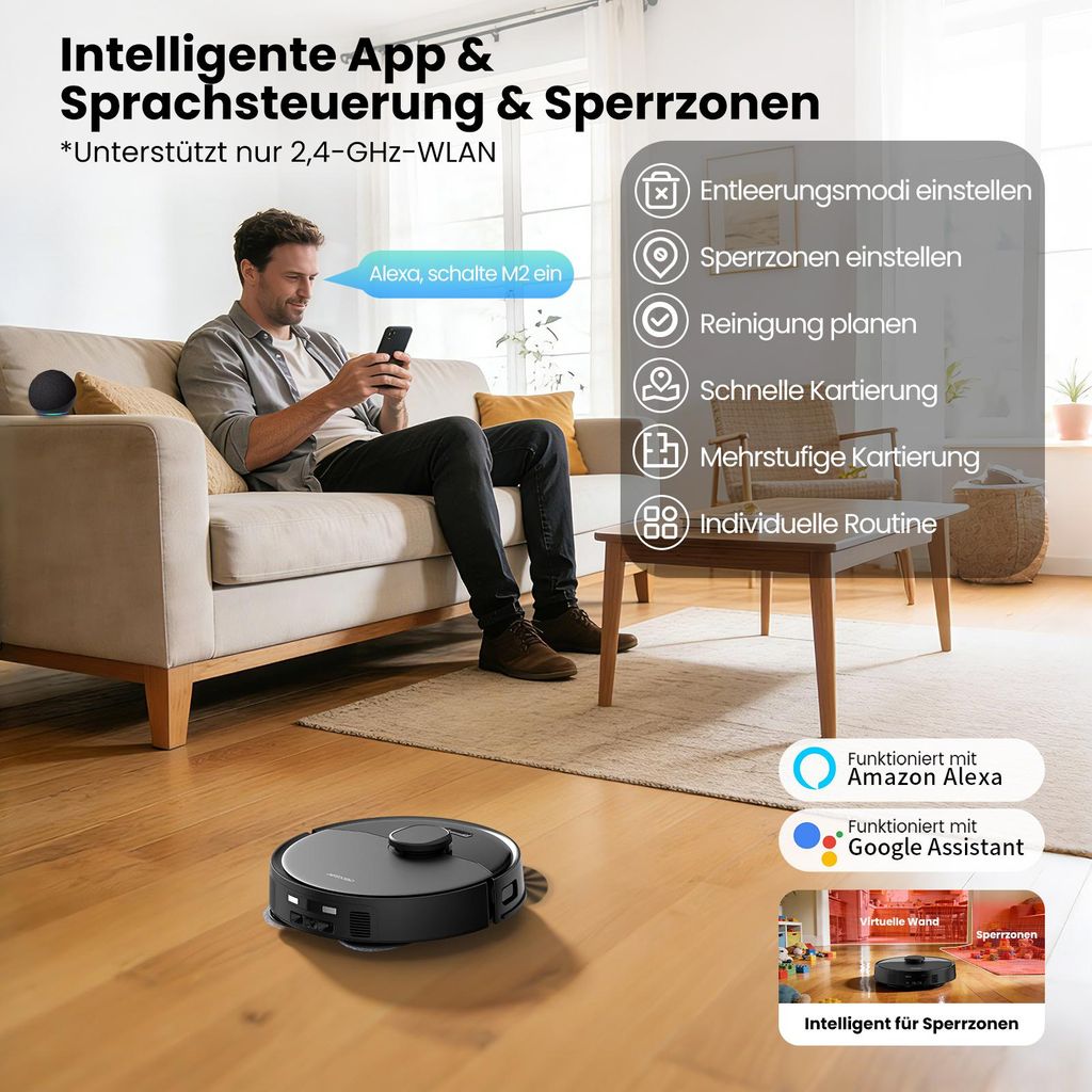 AIRROBO M2 Staubsauger Roboter, 15000Pa Saugroboter, Anti - Tangle - Bürsten, Wischroboter mit Lifting - Mopp