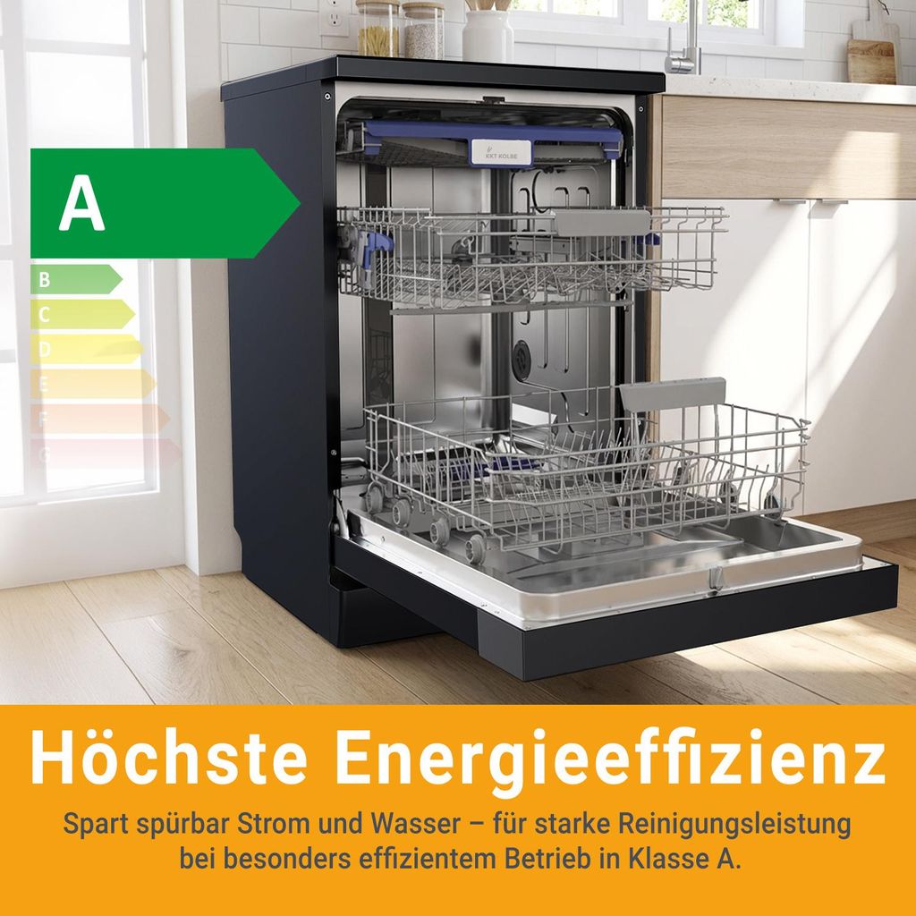 KKT KOLBE Küchentechnik KKT KOLBE 60 cm Geschirrspüler Spülmaschine Schwarz Silber Freistehend, Unterbaufähig, Besteckschublade, LED - Beleuchtung, Automatische Türöffnung, höhenverstellbar, 7 Programme, 14 Maßgedecke, DW60FSS