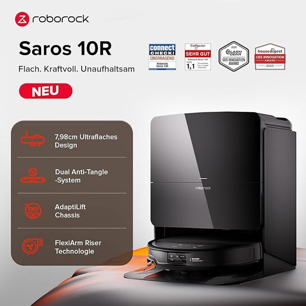 roborock Saros 10R Staubsauger Roboter mit Wischfunktion, 22.000 Pa(Upgrade von S8 MaxV Ultra), 80 °C Heißwasser - Moppwäsche, 7,98cm Slim Design