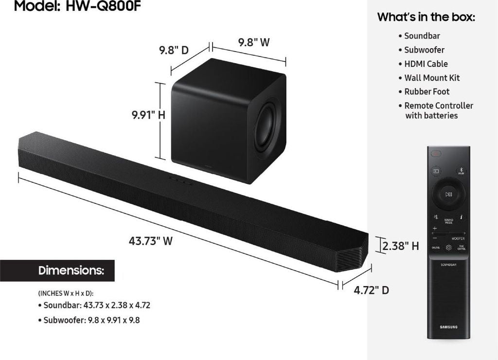 Samsung HW - Q800F/ZF, 5.1.2 Kanäle, 400 W, DTS 5.1, DTS Express, DTS - HD Master Audio, DTS:X, Dolby Atmos, Dolby Digital Plus, Dolby TrueHD, 39 W, Aktiver Subwoofer, Kabellos