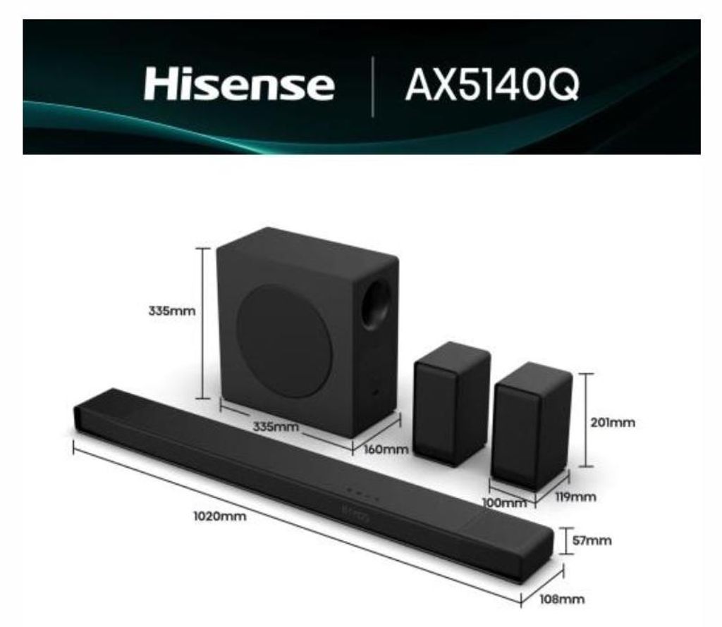 Hisense 5.1.4 CH Soundbar, 600 W, 5.1.4 Kanäle, 600 W, DTS:X, Dolby Atmos, 280 W, 20000 Hz, Kabellos