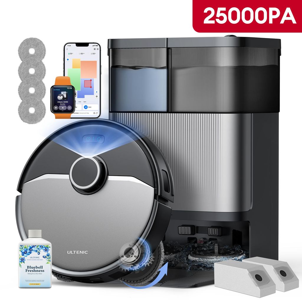 Ultenic Nass - Trocken - Saugroboter 25000Pa Saugkraft,Staubsauger Roboter mit Absaugstation 3L, 9 - in - 1 Automatikstation, Dual - Airflow - Heißlufttrocknung