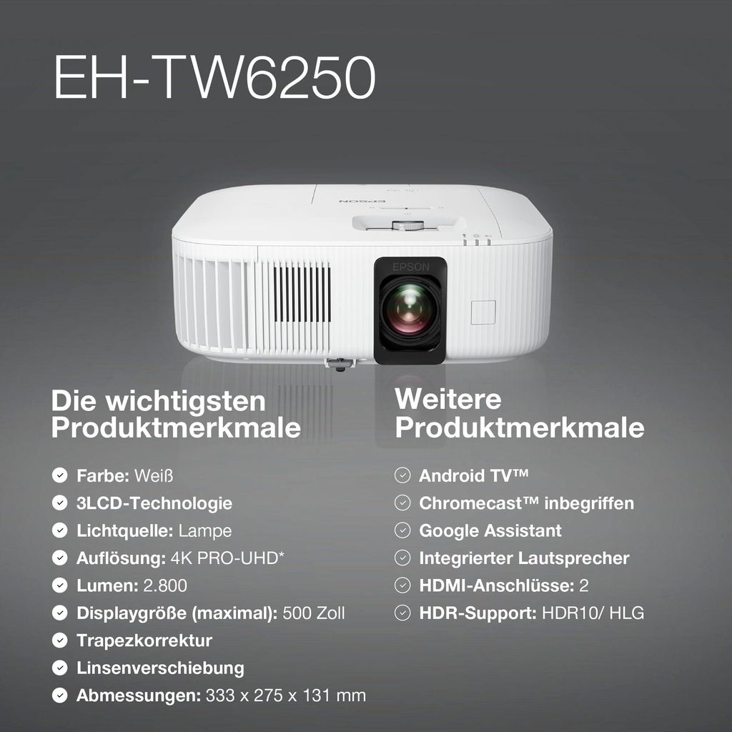 Epson EH - TW6250, 2800 ANSI Lumen, 3LCD, 4K+ (5120x3200), 35000:1, 16:9, 1016 - 12700 mm (40 - 500")