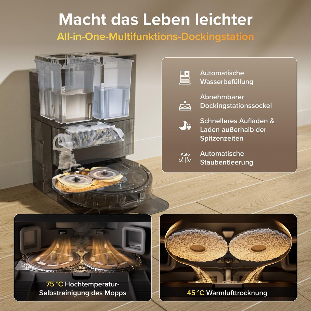 roborock Qrevo S Pro Set Staubsauger Roboter mit Wischfunktion, 18.500Pa(Upgrade von QV 35A), Anti - Tangle System, 75 °C Heißwasser - Moppwäsche, Schwarz