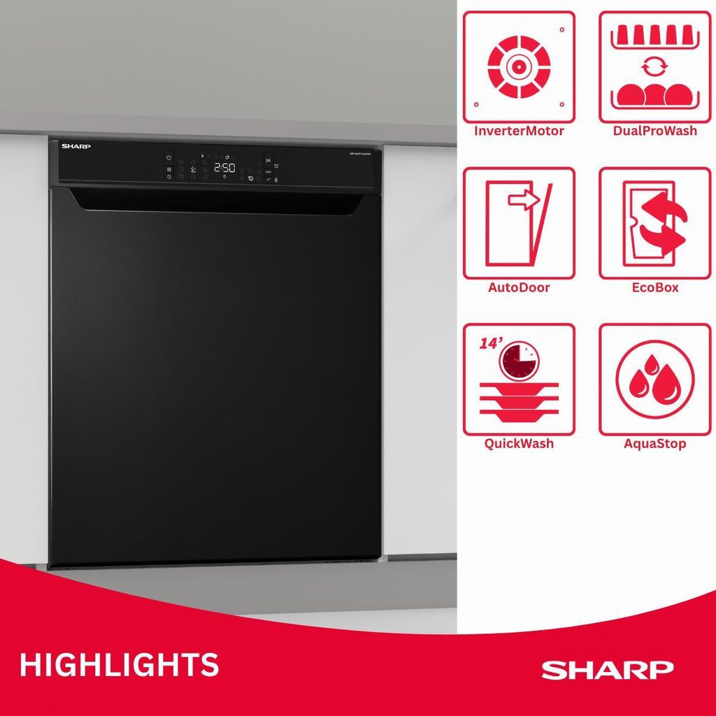 Sharp QW - NA3YU42AM - DE unterbaufähiger Geschirrspüler mit Besteckschublade (60cm), (14 Gedecke, EEK A), (9 Programme, AquaStop), Mattschwarz