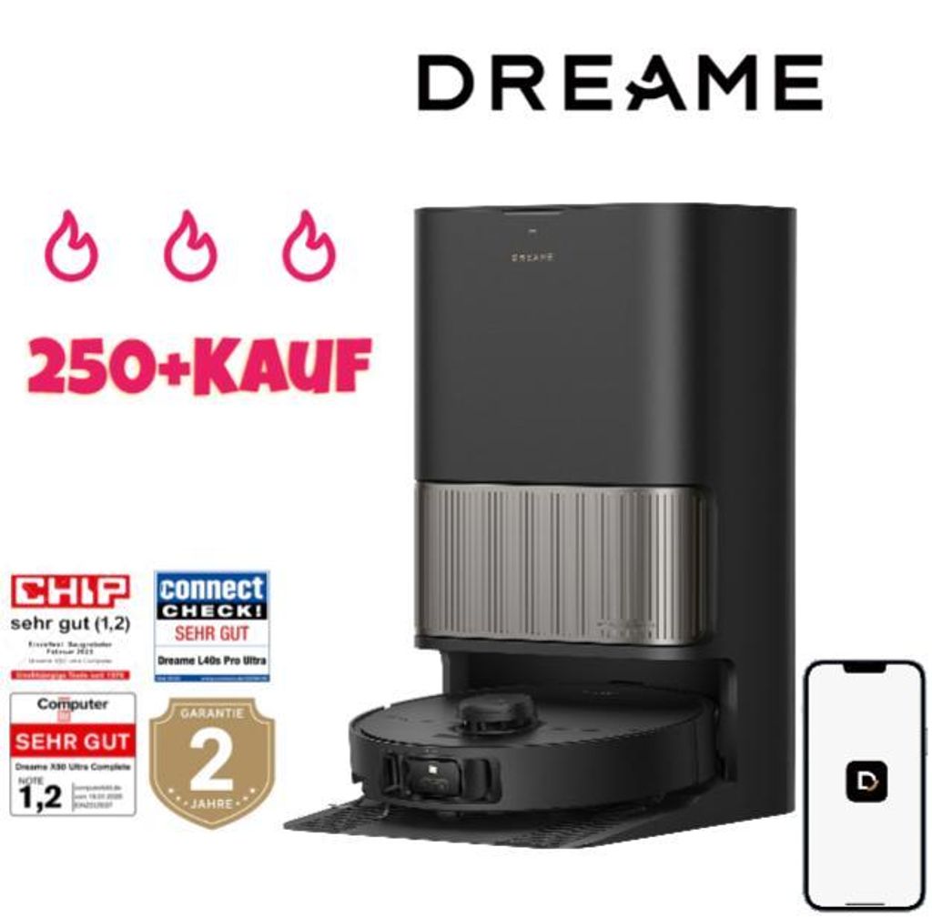 Dreame Staubsauger Roboter L40s Pro Ultra,Schwarz,DREAME,19000Pa Saugkraft,Selbstreinigende Ausfahrbare Wischmopps,Detangling DuoBrush,Hindernisvermeidung