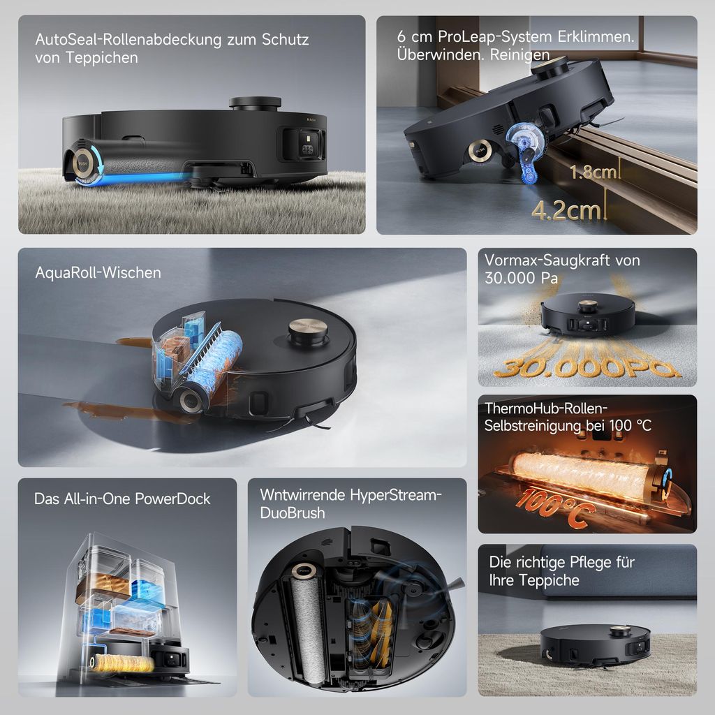 Dreame Aqua10 Roller Staubsauger Roboter mit Wischfunktion,30kPa Saugkraft,KI - Navigation,Heißwasserwaschen,Heißlufttrocknung,0 Tangle,Selbstreinigung