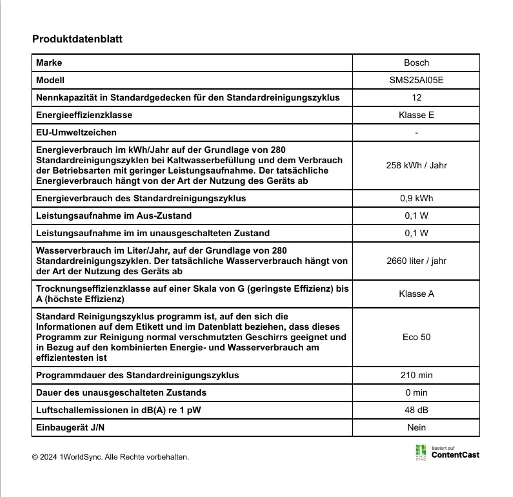 Bosch SMS25AI05E, Freistehend, Standardgröße (60 cm), Edelstahl, Edelstahl, Tasten, Drehregler, 1,75 m
