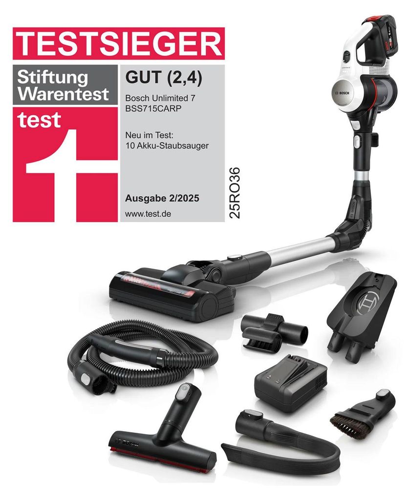Bosch BSS715CARP, 2 - in - 1 - Stabstaubsauger, Beutellos, Schwarz, Silber, Weiß, 0,3 l, Trocken, Filterung