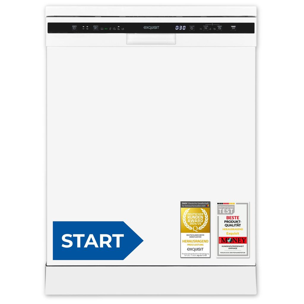 Exquisit Geschirrspüler, 12 Maßgedecke, Stand - /Unterbaugerät, 6 Programme, LED - Anzeige, Auto Door Open, GSP6312 - 030D weiss