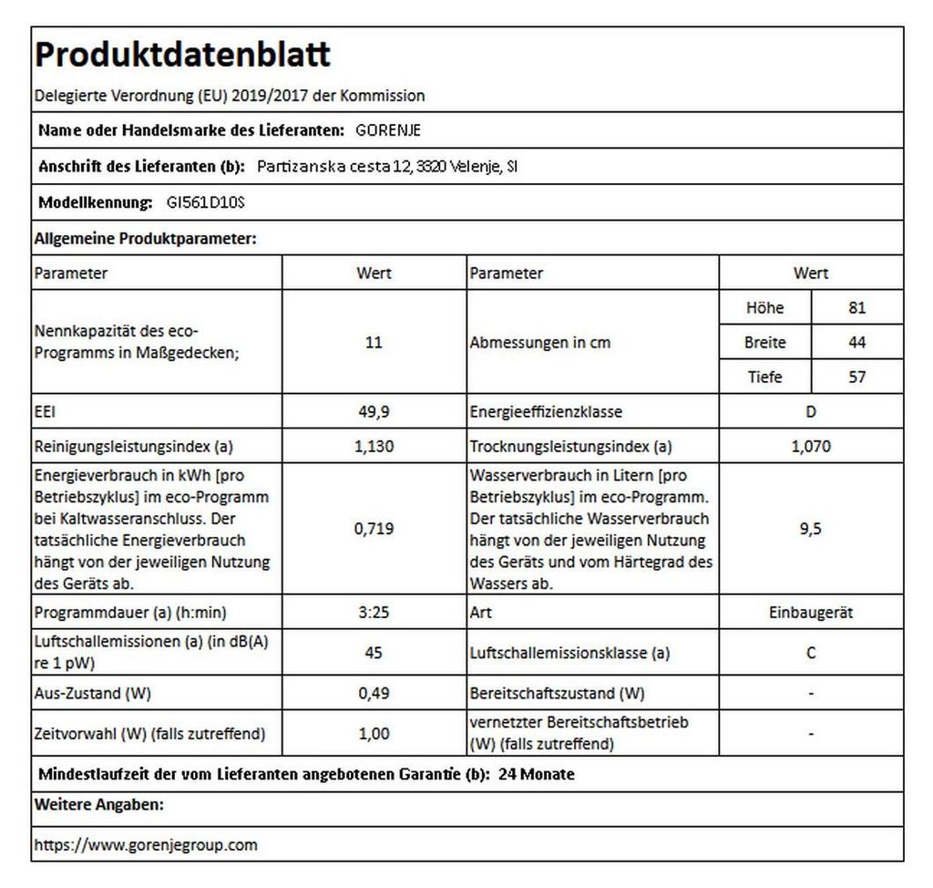gorenje GI 561D 10 S Geschirrspüler 45 cm - Silber - Teilintegrierbar - 11 Maßgedecke - 45 dB Geräuschpegel - Trocknungsklasse: A