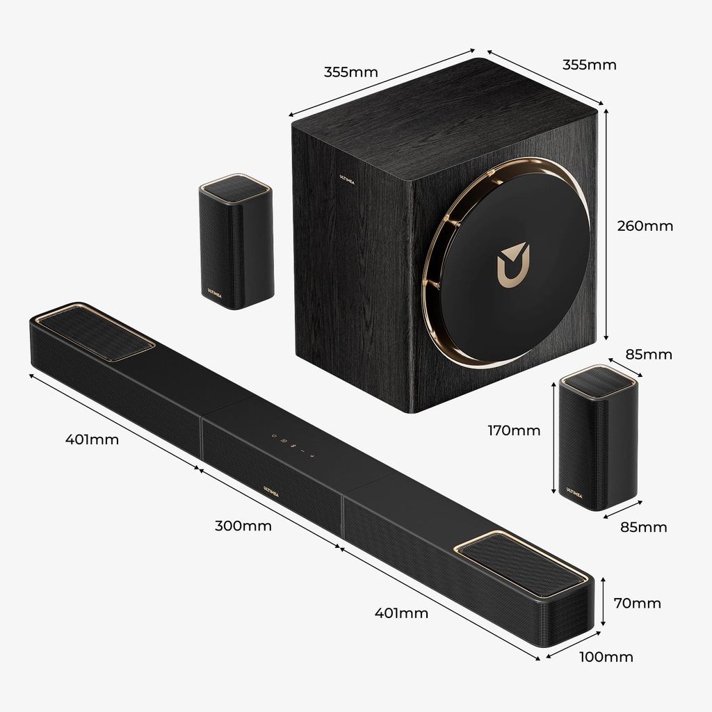 Ultimea Skywave Series 5.1.4 Professionelle Soundbar mit Dolby Atmos, 5.1.4 Surround Sound System mit 8" Subwoofer & 2 kabellosen Rear - Lautsprechern